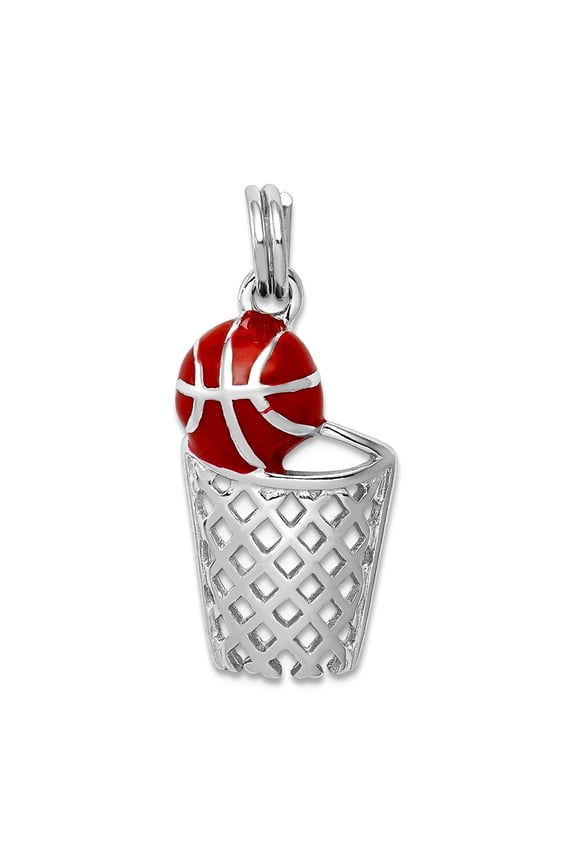 925 Sterling Silver Polished Split Ring Enamel Basketball and Hoop Charm 21x12mm Wide Pendant Necklace for Women