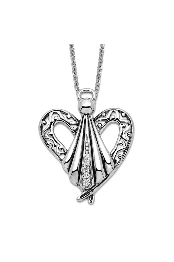 925 Sterling Silver Polished Spring-Ring Oxidized Cubic Zirconia Religious Guardian Angel Necklace 18 Inch Pendant Neckl
