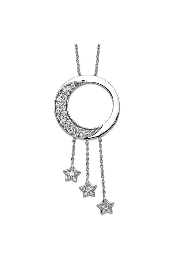 925 Sterling Silver Polished Spring-Ring Cubic Zirconia Necklace 18 Inch Pendant Necklace for Women