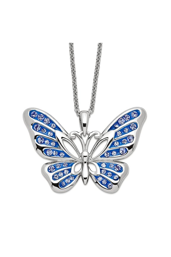 925 Sterling Silver Polished Spring-Ring Rhodium Plated Crystal Never Give Up Butterfly Angel Wings 18 Inch Necklace Pen