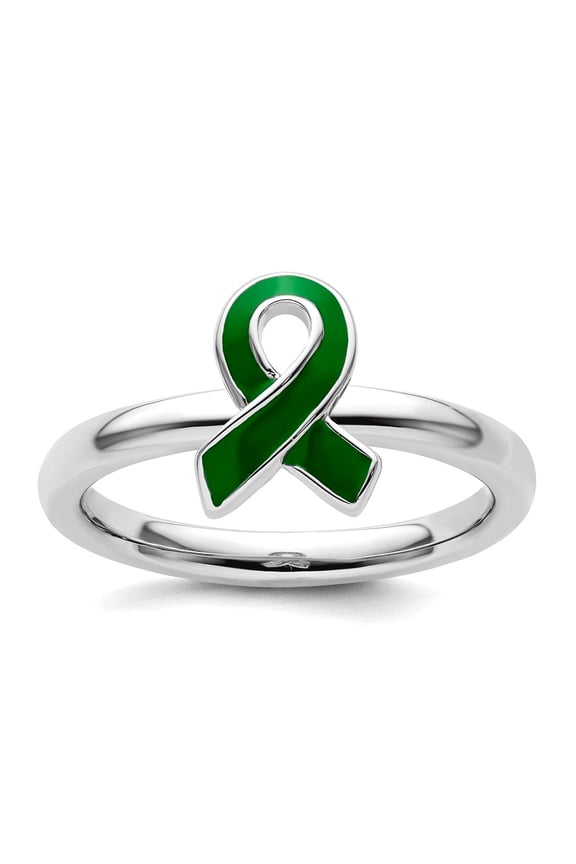 925 Sterling Silver Polished Stackable Green Enameled Awareness Ribbon Ring Size 8 Stackable Ring for Women