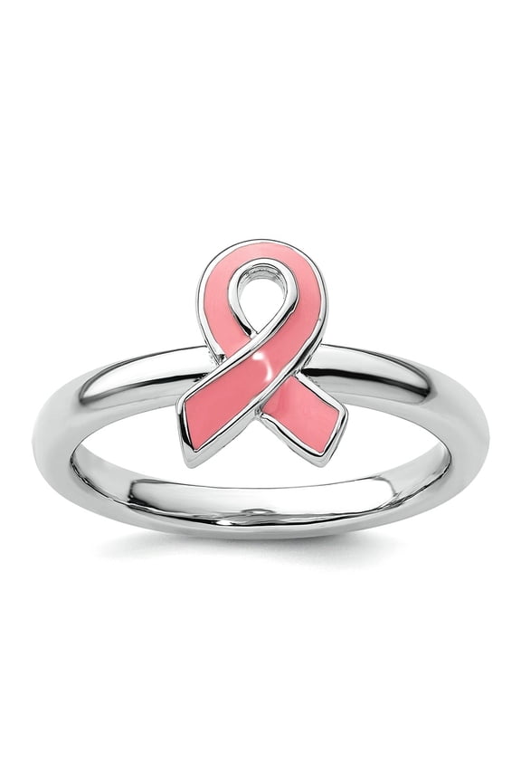925 Sterling Silver Polished Stackable Pink Enameled Awareness Ribbon Ring Size 7-Stackable-Ring for Women