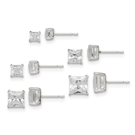 925 Sterling Silver Polished White CZ Post Earrings Set
