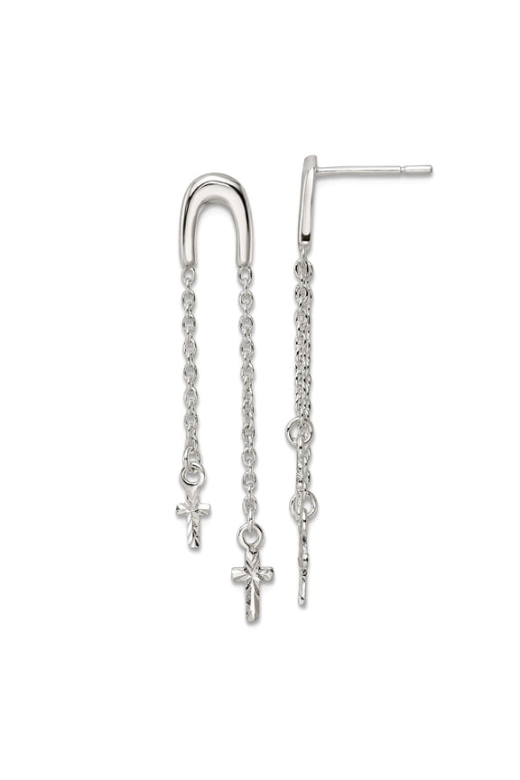 925 Sterling Silver Polished and Sparkle-Cut Religious Faith Cross Multi Chain Post Long Drop Dangle Earrings 39.7x6.56m