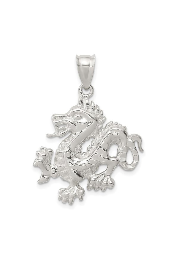 925 Sterling Silver Polished and Textured Chinese Dragon Pendant Necklace 35.73mm long Pendant for Women