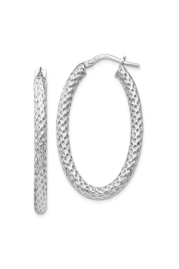 Sterling Silver Polished and Textured Oval Hinged Hoop Earrings - Measures 35x21.3mm Wide 4.3mm Thic