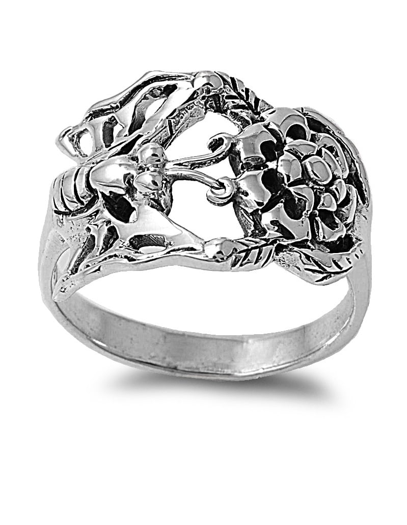 925 Sterling Silver Pollination Butterfly Flower Ring Size 8 - Walmart.com