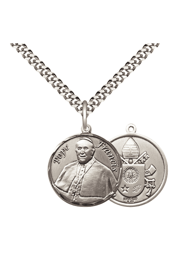 .925 Sterling Silver Pope Francis Medal Pendant on 24 Inch Endless Rhodium Plated Heavy Curb Brass Chain, Catholic Religious Necklace -Made in USA- Deluxe Velvet Gift Box