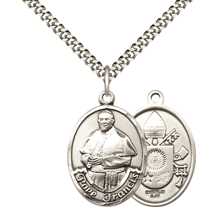 .925 Sterling Silver Pope Francis Medal Pendant with 24" Rhodium Plated Heavy Curb Chain Catholic Religious Necklace - Made in USA, Deluxe Velvet Gift Box
