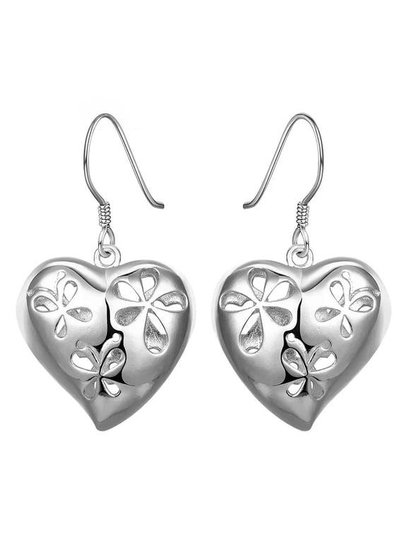 925 Sterling Silver Post Floral Heart Drop Dangle Earrings