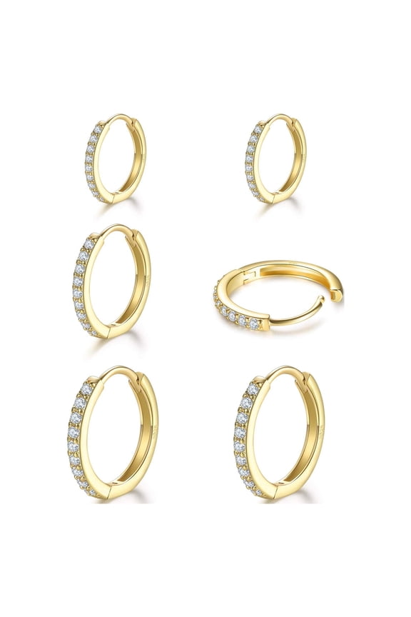 925 Sterling Silver Post Small Hoop Earrings Cubic Zirconia Huggie Hoop Earrings,3 Pairs 14K Gold Plated Cartilage Piercing Earrings Ear Cuff Tiny Hoop Earrings for Women Men 8mm 10mm 12mm