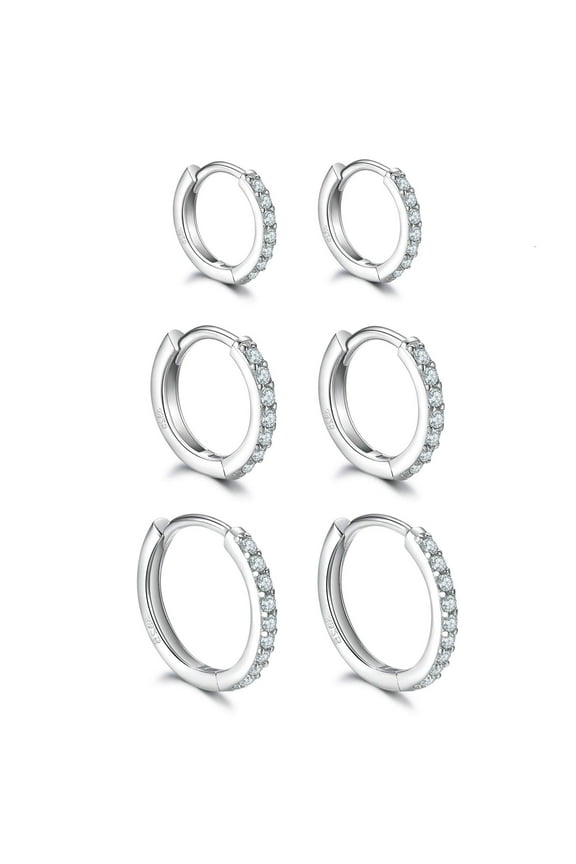 925 Sterling Silver Post Small Hoop Earrings Cubic Zirconia Huggie Hoop Earrings,3 Pairs 14K White Gold Plated Cartilage Piercing Earrings Ear Cuff Tiny Hoop Earrings for Women Men 8mm 10mm 12mm
