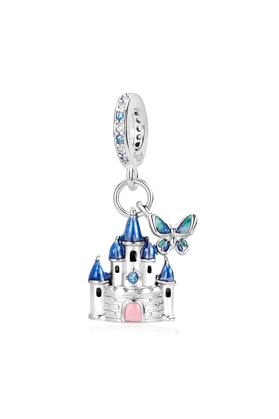 925 Sterling Silver Princess Castle & Butterfly Dangle Charm For Bracelets & Bangle Pendant Jewelry