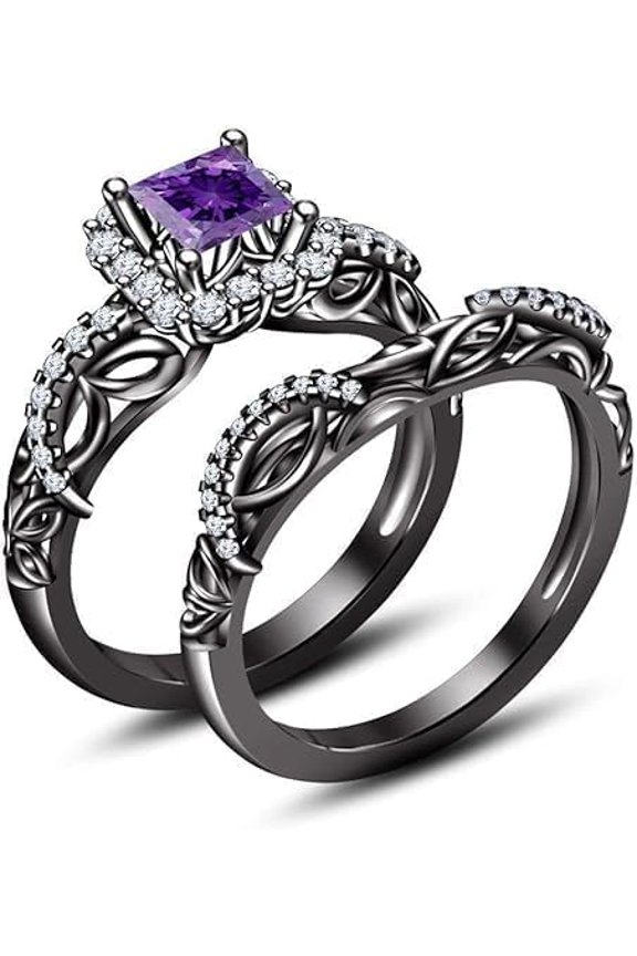 925 Sterling Silver Princess-Cut Amethyst Ring Set, CZ Halo, Black Rhodium-Plated Bridal Rings