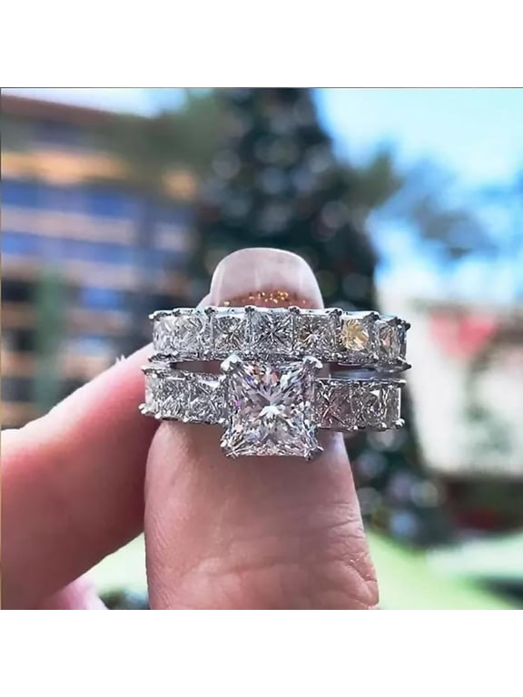 925 Sterling Silver Princess Cut CZ Bridal Ring Set, 2-Piece Square Halo Engagement Ring with Matching Eternity Band, Silver Plated Cubic Zirconia Wedding Jewelry for Women Sizes 8