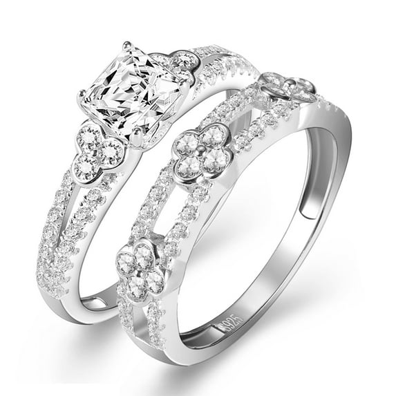 925 Sterling Silver Princess Cut Cubic Zirconia Clover Womens Wedding Engagement Ring Set