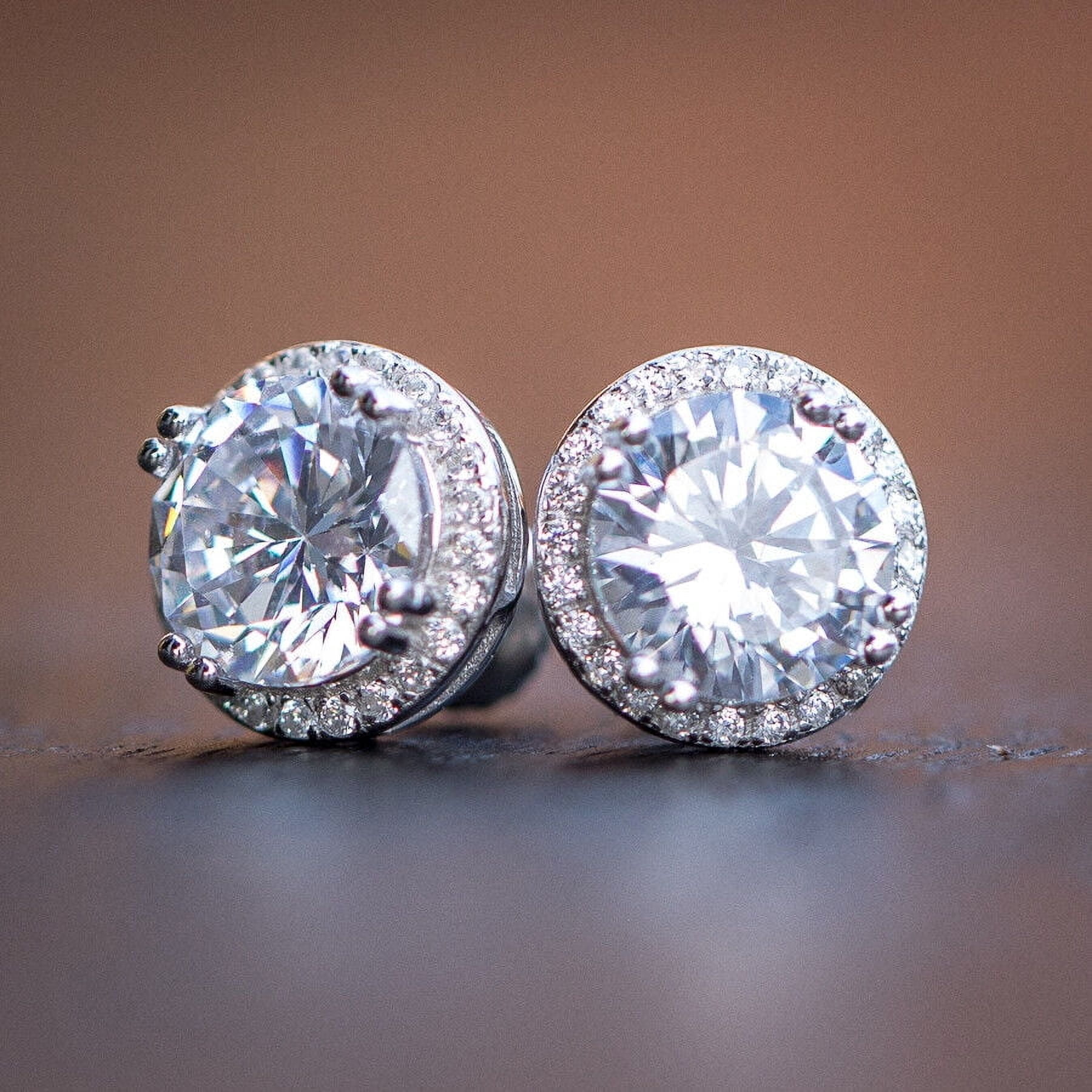 925 Sterling Silver Princess Cut Diamond Cluster Halo Round Cut Screw Back Stud Earring