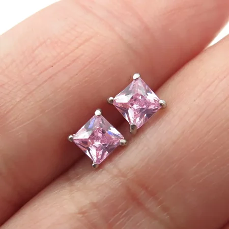 925 Sterling Silver Princess-Cut Pink C Z Stud Earrings