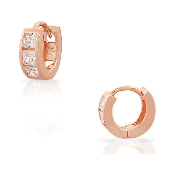 925 Sterling Silver Princess-Cut White CZ Small Hoop Huggie Earrings