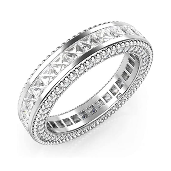 925 Sterling Silver Princess Cut White Cubic Zirconia Milgrain Eternity Band Ring, Women Wedding Ring
