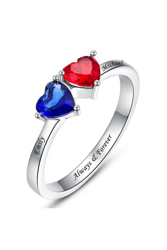 925 Sterling Silver Promise Rings Heart Cut Created Sapphire and Ruby Engraved Family Anniversary Rings