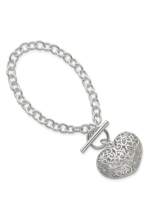 925 Sterling Silver Puffed Heart Toggle Bracelet