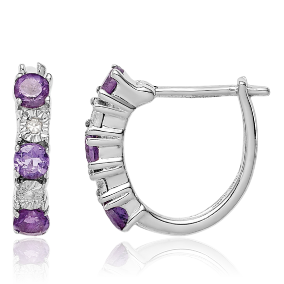 925 Sterling Silver Purple Amethyst Diamond Huggie Small Hoop Earrings