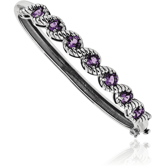 925 Sterling Silver Purple Amethyst Gemstone Hinged Bangle Bracelet