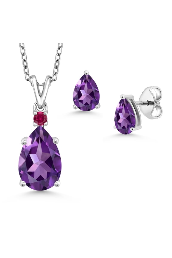 925 Sterling Silver Purple Amethyst and Red Created Ruby Pendant and Earrings Jewelry Set for Women | 3.99 Cttw | Gemstone February Birthstone | Pear Shape 12X8MM and 7X5MM | with 18 inch Chain