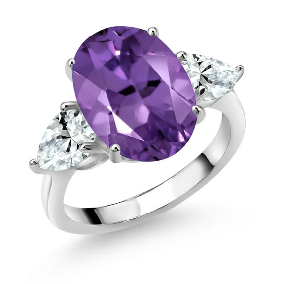 Gem Stone King 925 Sterling Silver Purple Amethyst and White Created Sapphire Ring for Women (9.00 Cttw, 14X10MM Oval and 7X5MM Pear Shape, Gemstone February Birthstone, Size 8)