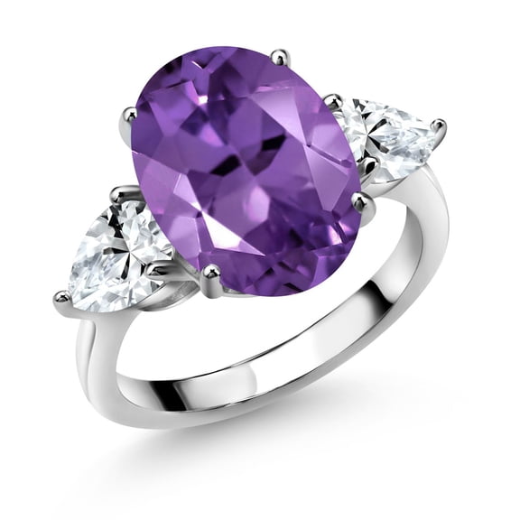 Gem Stone King 925 Sterling Silver Purple Amethyst and White Created Sapphire Ring for Women (9.00 Cttw, 14X10MM Oval and 7X5MM Pear Shape, Gemstone February Birthstone, Size 8)