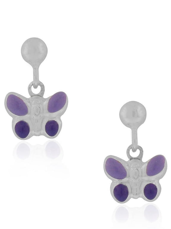 925 Sterling Silver Purple Enamel Butterfly Dangle Drop Earrings, 0.60"