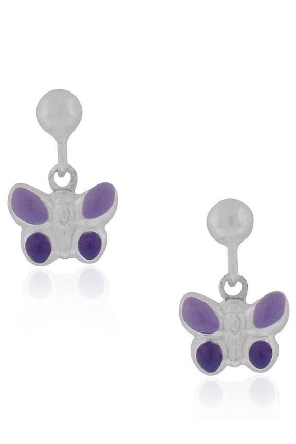 925 Sterling Silver Purple Enamel Butterfly Dangle Drop Earrings, 0.60"