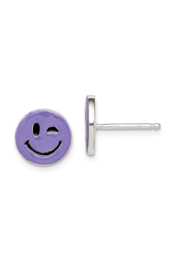 925 Sterling Silver Purple Enamel Winking Smiley Face Post Earrings; for Adults and Teens; for Women and Men
