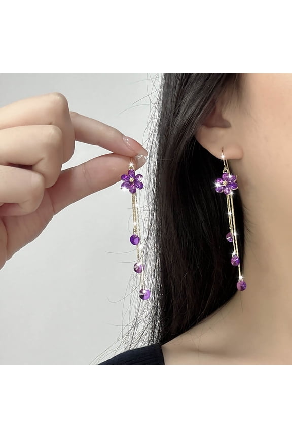 925 Sterling Silver Purple Flower Earrings for Women, Elegant Tassel Drop Dangle Earrings, Fashion Jewelry Gift for Party Wedding Evening Occasion