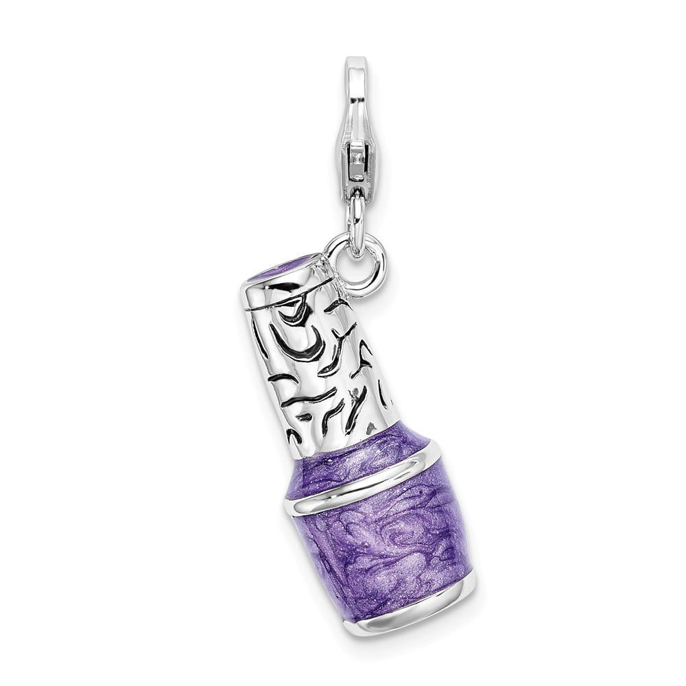 925 Sterling Silver RH 3-D Enameled Purple Nail polish Bottle With Lobster Clasp Charm Pendant; for Adults and Teens; for Women and Men