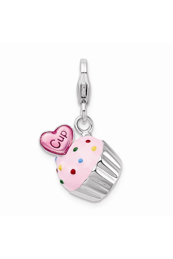 925 Sterling Silver RH Enameled 3-D Cupcake and Heart With Lobster Clasp Charm Pendant; for Adults and Teens; for Women and Men