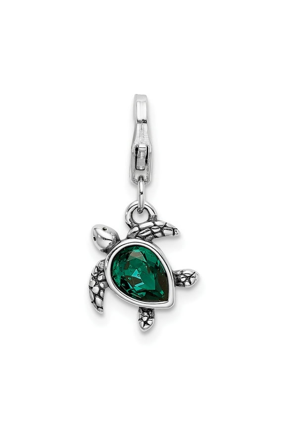 925 Sterling Silver RH Green Swarovski Turtle with Lobster Clasp Charm Pendant; for Adults and Teens; for Women and Men