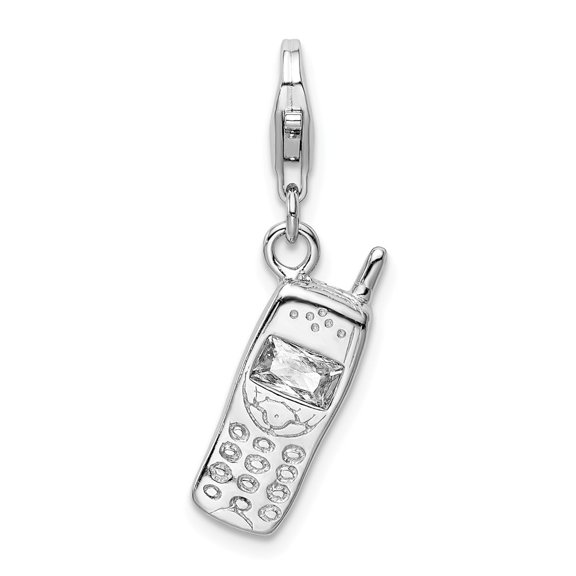 925 Sterling Silver RH Polished Cell Phone With CZ Lobster Clasp Charm Pendant; for Adults and Teens; for Women and Men
