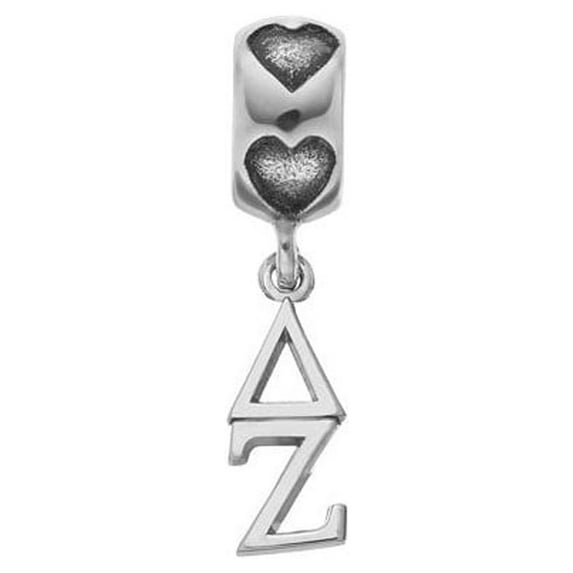 925 Sterling Silver RH-plated LogoArt Delta Zeta Vertical Letters on Heart Bead; for Adults and Teens; for Women and Men