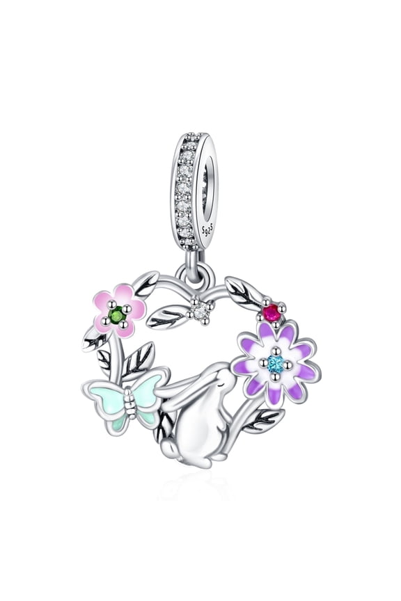 925 Sterling Silver Rabbit Flower Heart Dangle Charm for Women Charm Bracelets Necklace