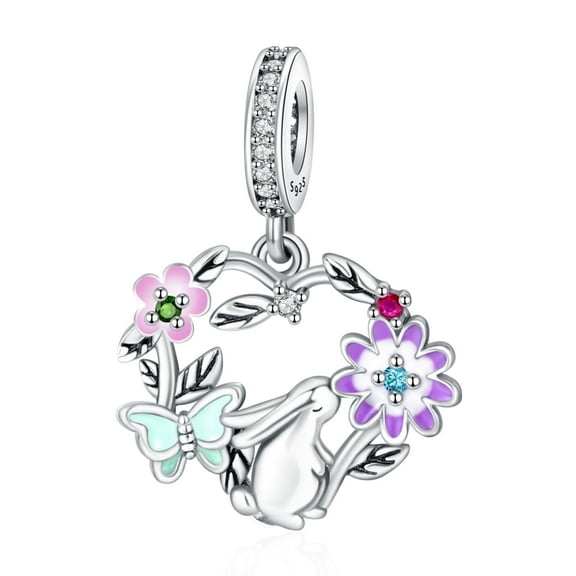 ROSIANNA 925 Sterling Silver Rabbit Flower Heart Dangle Charm for Women Charm Bracelets Necklace