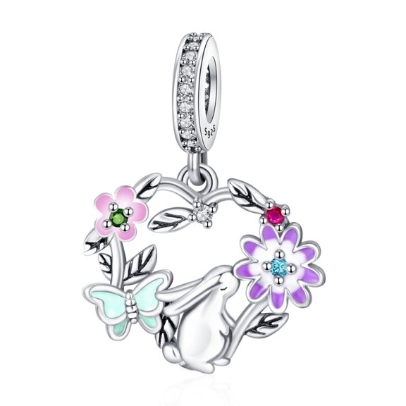 ROSIANNA 925 Sterling Silver Rabbit Flower Heart Dangle Charm for Women Charm Bracelets Necklace