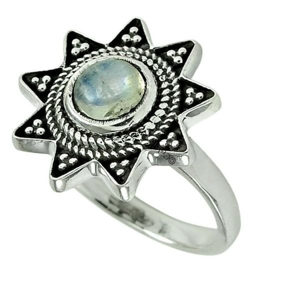 925 Sterling Silver, Rainbow Moonstone Natural Healing Gemstone Ring, Unique Flower Designing Jewelry For Women, Vintage Floral Ring, June Birthstone, Silver Oxidized Ring (Rainbow Moonstone, 7)