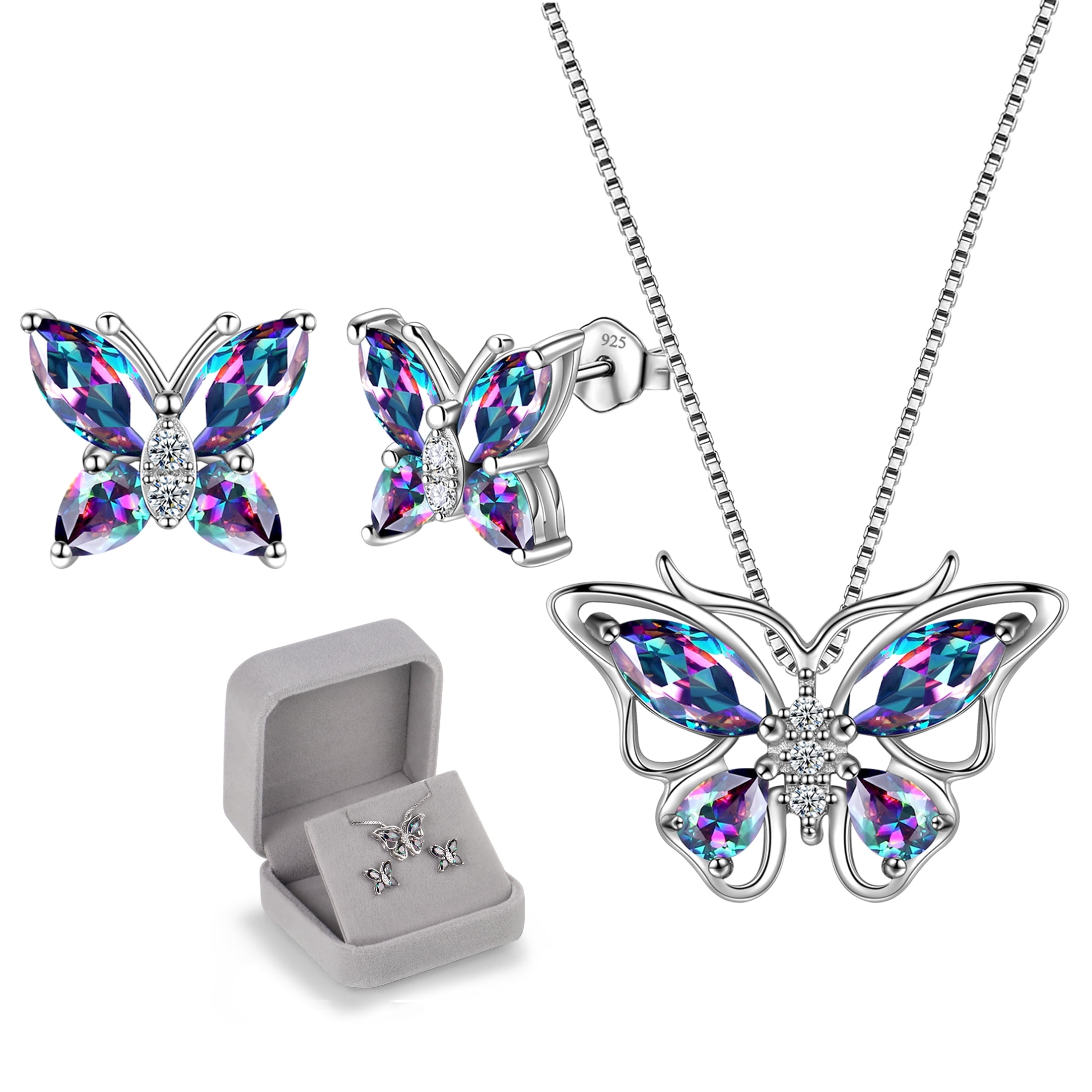 925 Sterling Silver Rainbow Mystic Topaz Butterfly Jewelry Set Fine Necklace Earrings Women Mother's Day Gift
