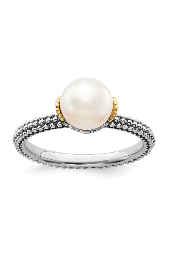 925 Sterling Silver & Real 14kt Stack Exp. 7.0-7.5mm White FW Cultured Pearl Ring Size: 8; for Adults and Teens; for Women and Men