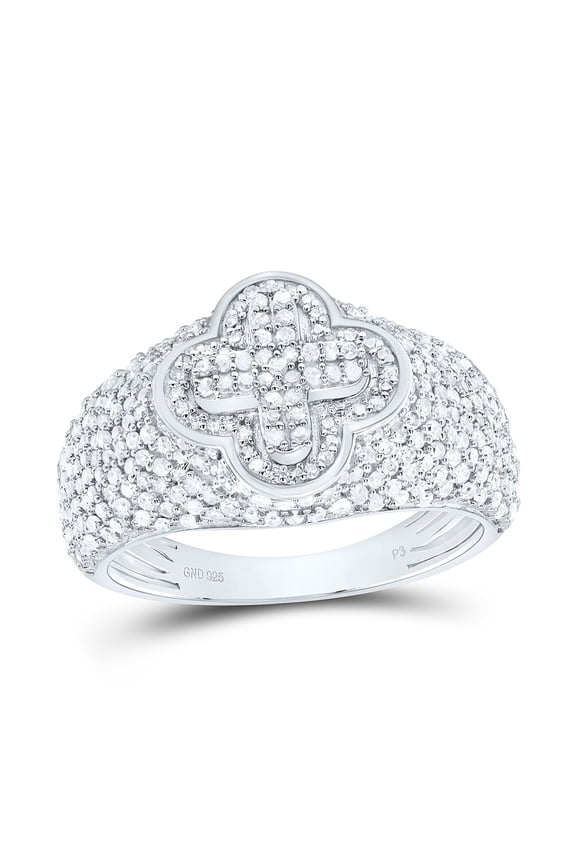 925 Sterling Silver Real Diamond Dome Cluster 4 Leaf Clover Right Hand Ring 1 CT