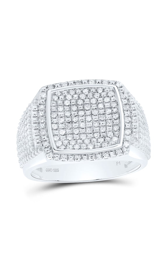 925 Sterling Silver Real Diamond Step Edge Domed Square Halo Pinky Ring 3/8 CT