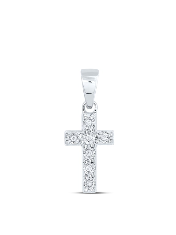 925 Sterling Silver Real Diamond Unisex Classic 1 Row Mini Cross Pendant 1/20 CT