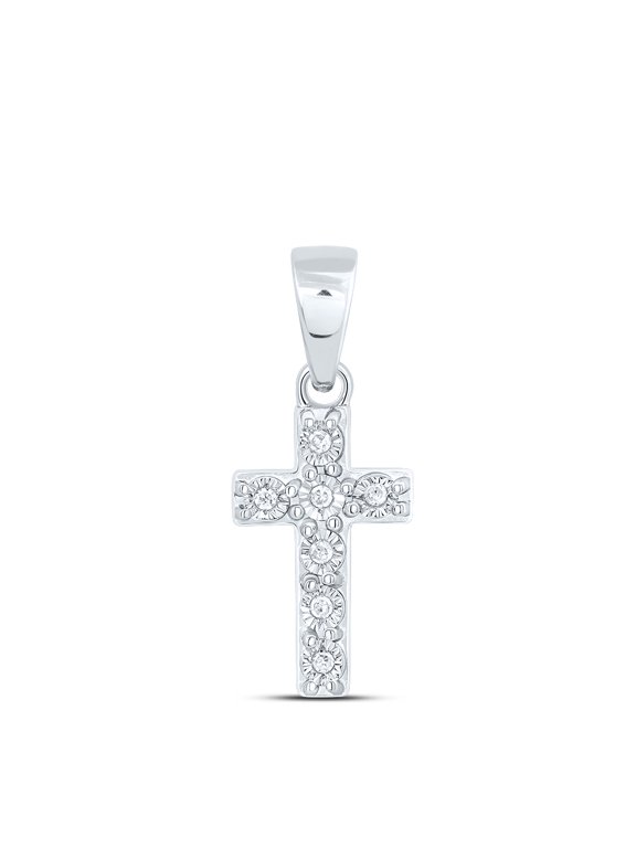 925 Sterling Silver Real Diamond Unisex Classic 1 Row Mini Cross Pendant 1/8 CT